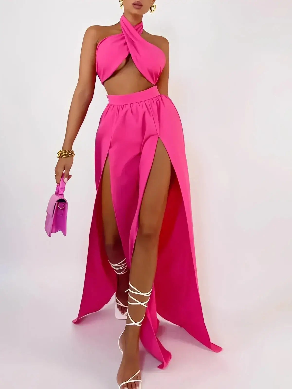 Fuchsia Breeze Set by Lauven featuring a criss-cross top and flowing skirt in bold fuchsia, perfect for stylish summer outings.