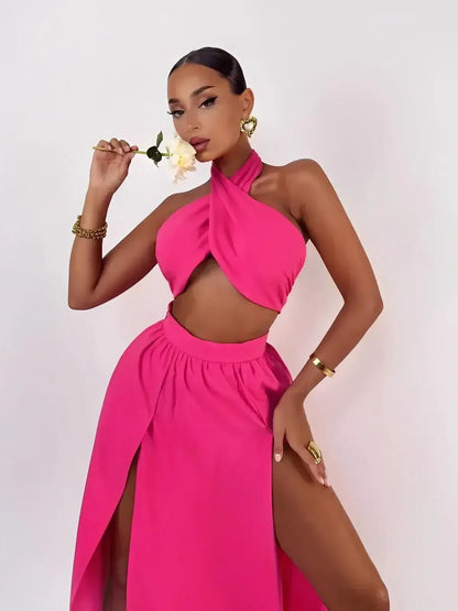 Fuchsia Breeze Set by Lauven, featuring a criss-cross top and flowing skirt in bold fuchsia, perfect for warm weather.