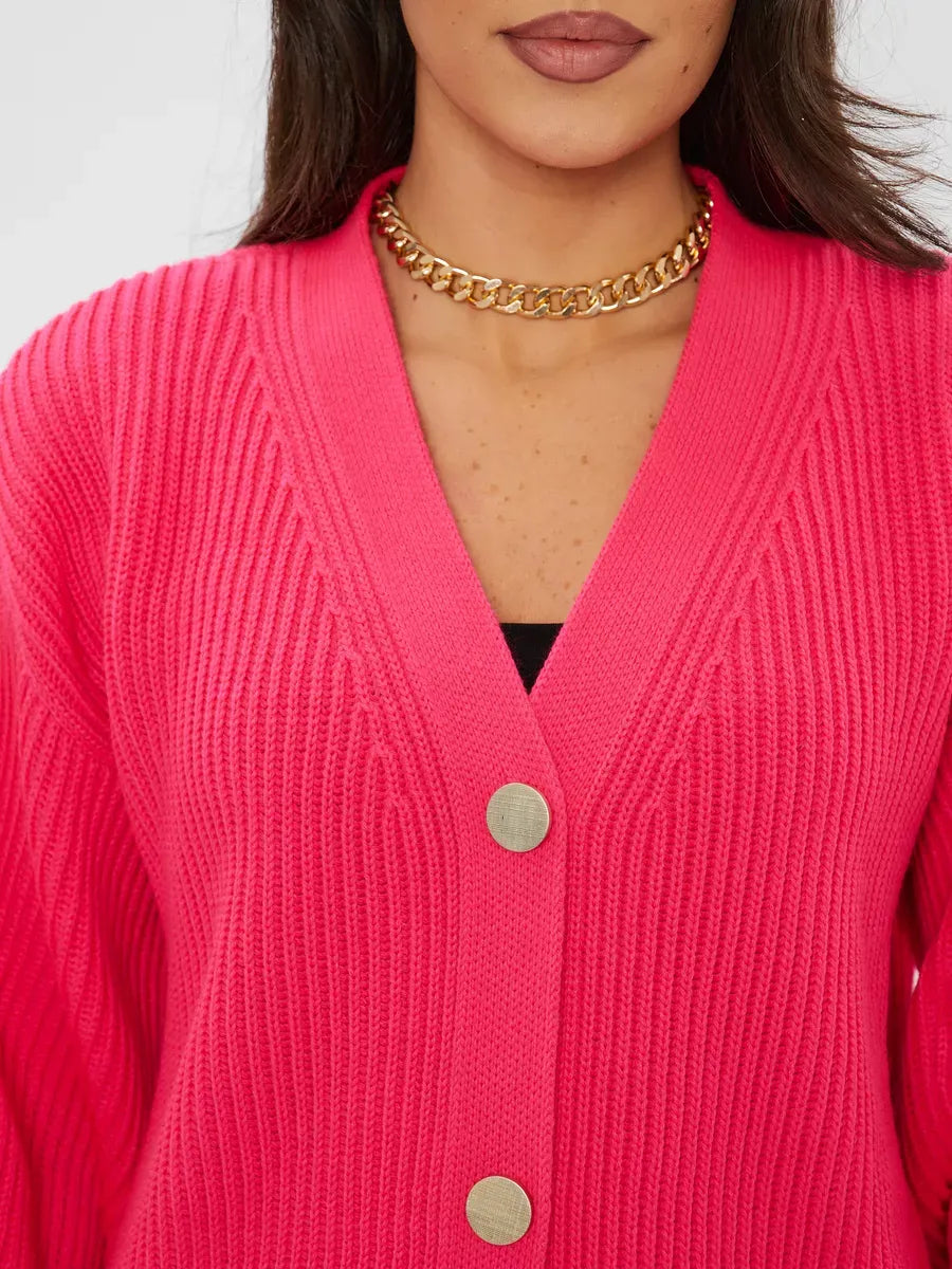 Fuchsia Cardigan by Lauven, oversized knitwear in bright pink with stylish buttons and ribbed texture for women.