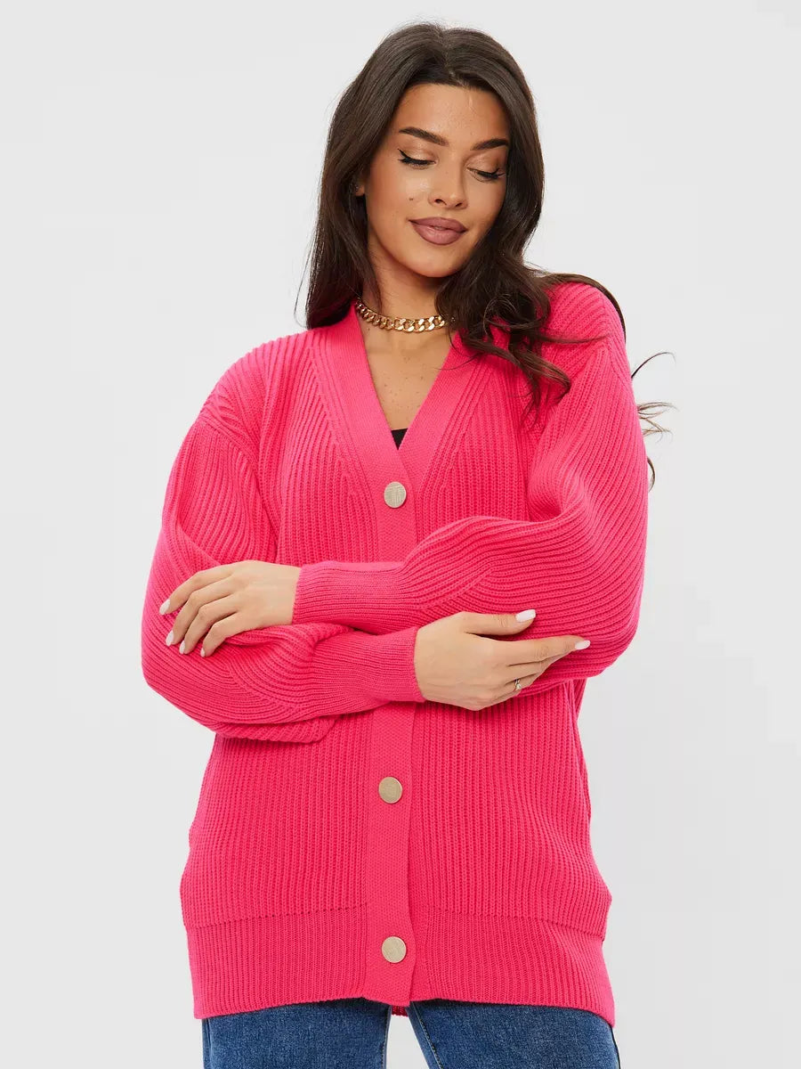 Fuchsia Cardigan by Lauven, oversized wool blend knitwear in bright pink for women, ideal for stylish comfort.