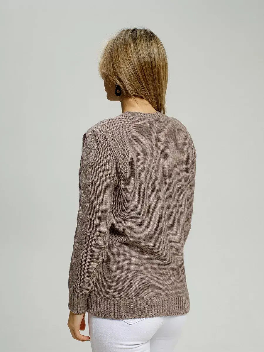 Gaia Sweater by Lauven, warm brown knitwear showcasing cozy comfort and stylish design from the back.