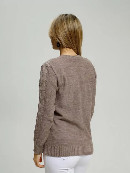 Gaia Sweater by Lauven, warm brown knitwear showcasing cozy comfort and stylish design from the back.