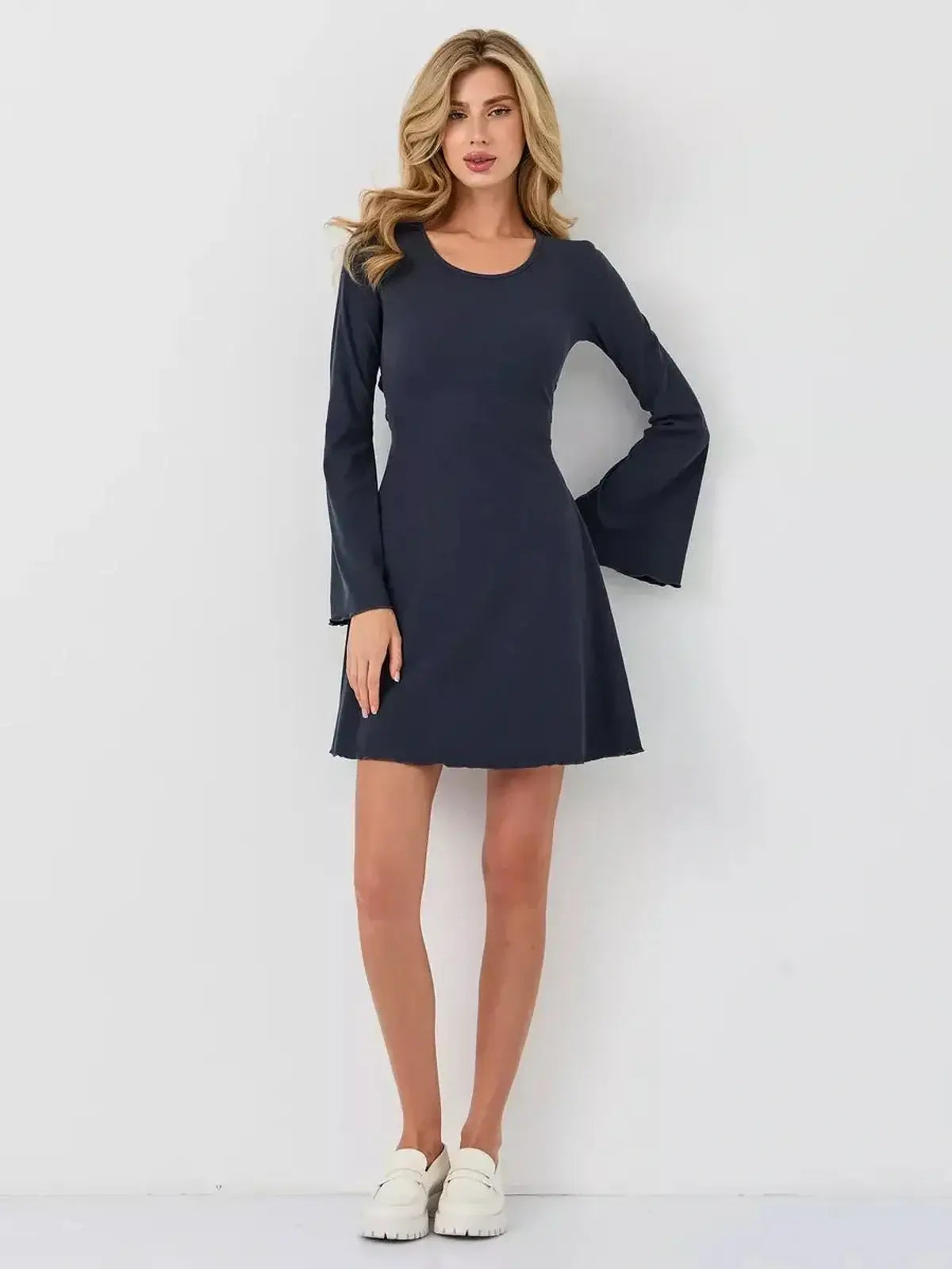 Graphite Grace mini dress by Lauven featuring a sleek A-line silhouette and bell sleeves for elegant style.