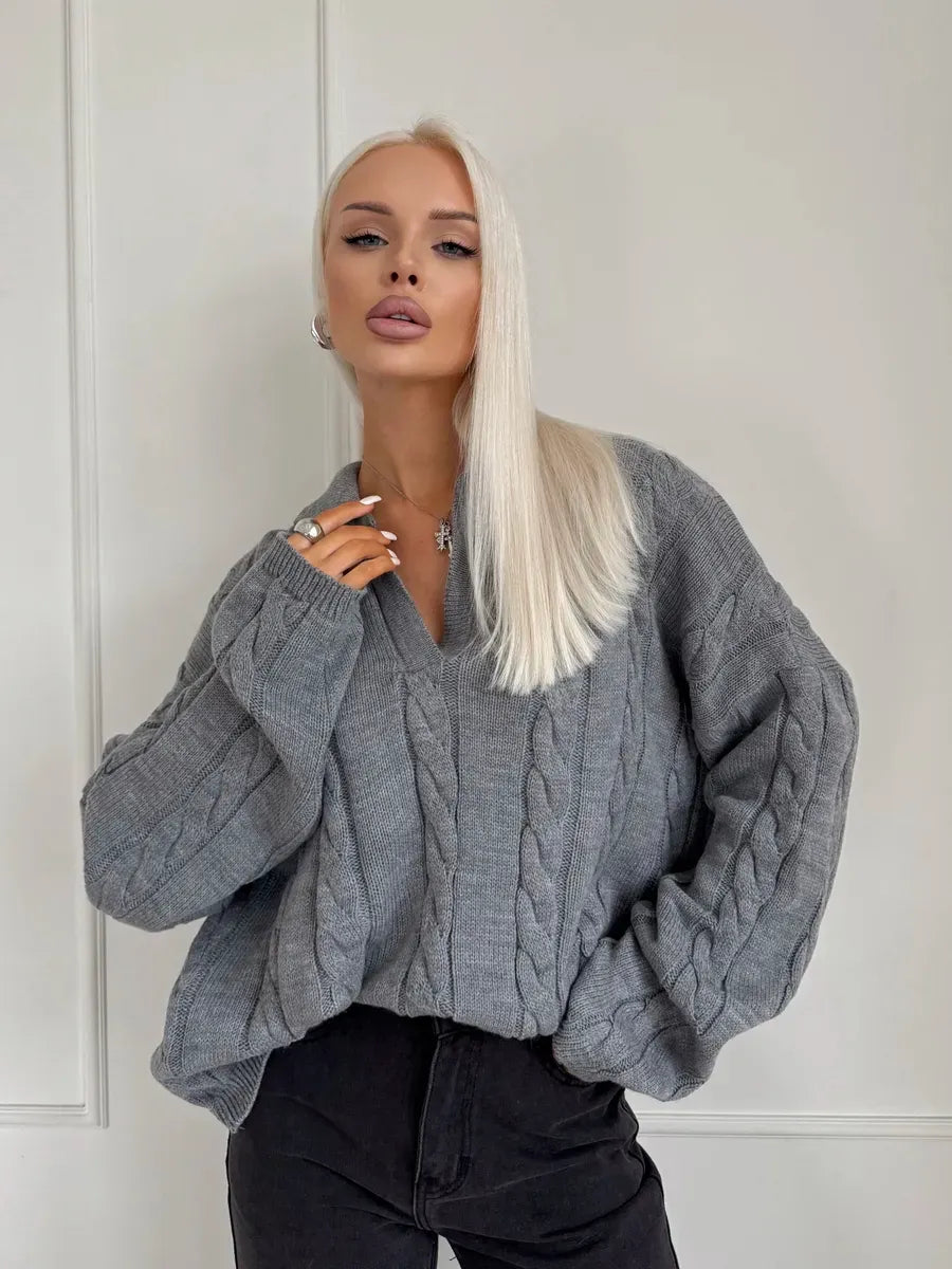 Graphite Sweater by Lauven - Oversized cable knit polo sweater in deep grey.