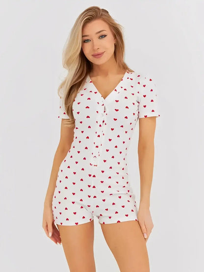 Heartprint Playsuit by Lauven featuring a V-neck and heart print, perfect for casual comfort.