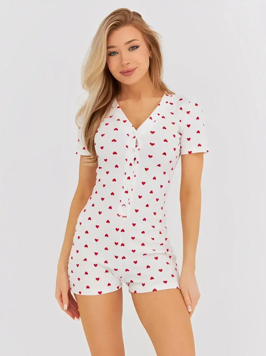 Heartprint Playsuit by Lauven featuring a V-neck and heart print, perfect for casual comfort.