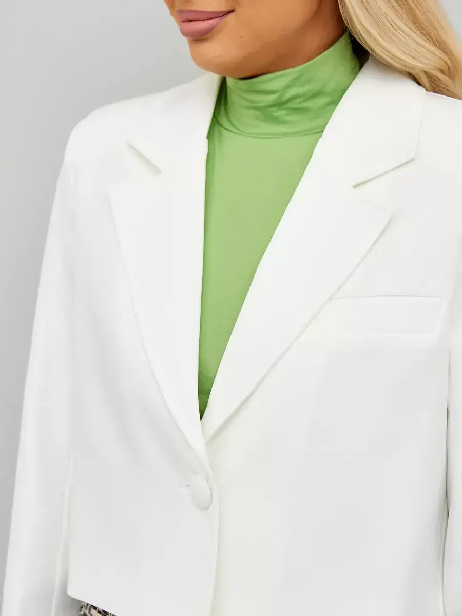 Ivory Blazer by Lauven showcasing a modern cropped silhouette with a pristine white finish and tailored fit.