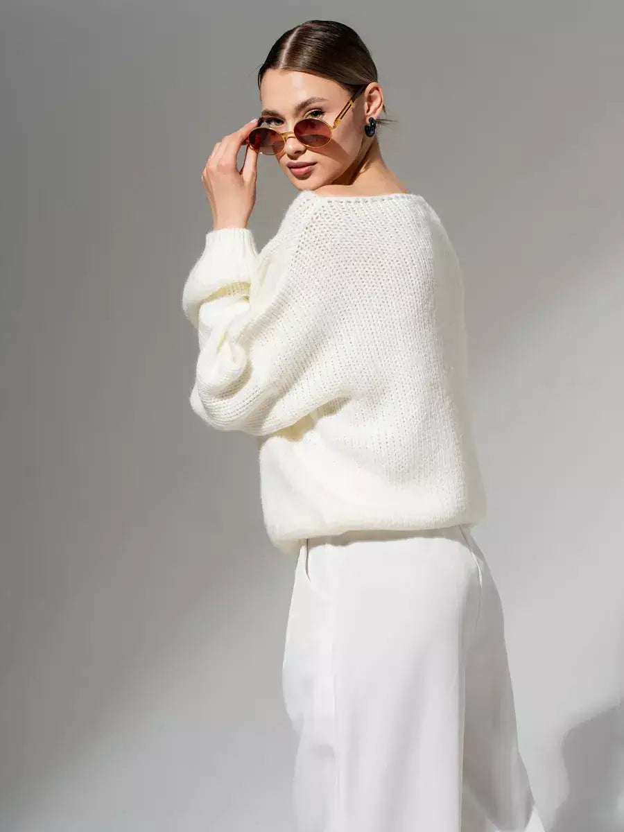 Ivory Sweater by Lauven, oversized off-shoulder knit in crisp white, providing elegance and comfort.