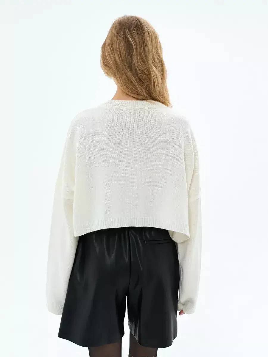 Ivory Sweater by Lauven, cropped oversized knit in white, showcasing a modern back view.