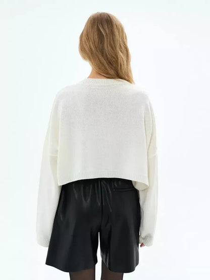 Ivory Sweater by Lauven, cropped oversized knit in white, showcasing a modern back view.