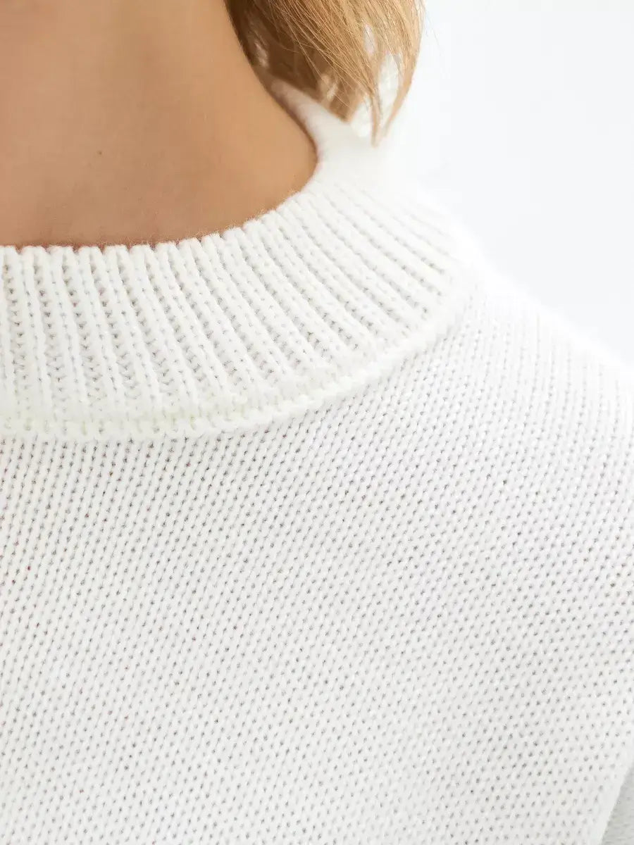 Ivory Sweater by Lauven - Close-up of the ribbed neckline on a cropped oversized knit in white.