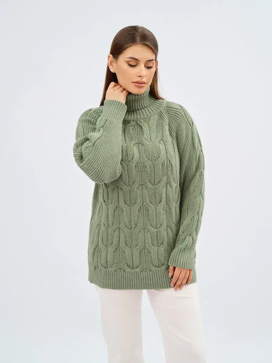 Ivy Sweater by Lauven, oversized cable knit high neck design in soft green, perfect for layering in colder months.