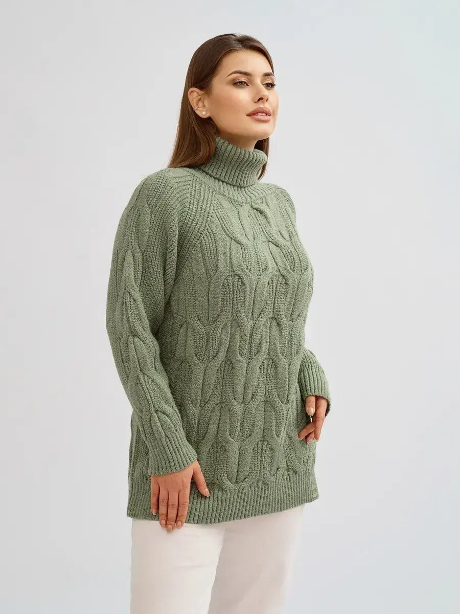 Ivy Sweater by Lauven, oversized cable knit with high neck, perfect winter layering piece in soft green.