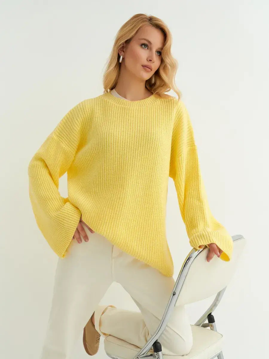 Lemonade Sweater by Lauven - Oversized knit in soft lemon yellow with wide sleeves, perfect for a stylish look.