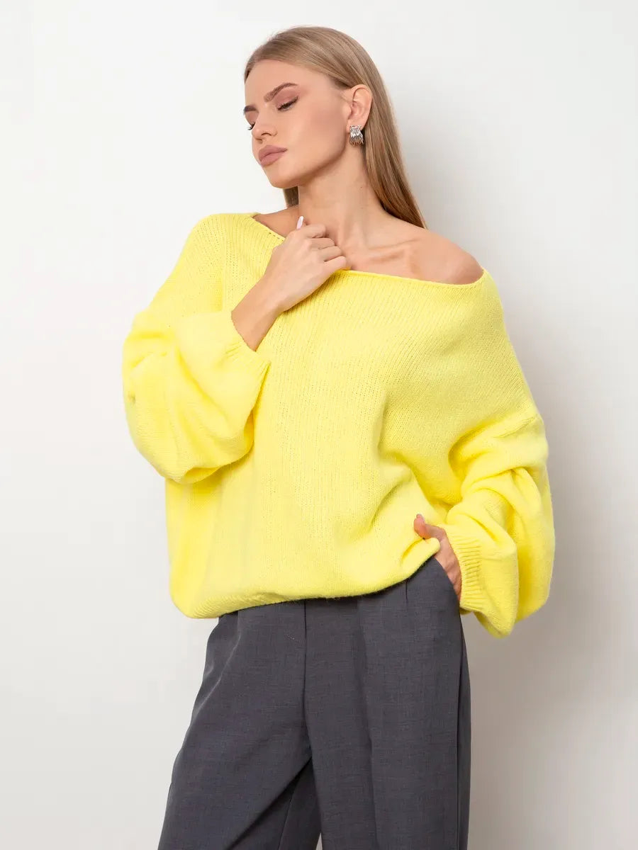 Lemonade Sweater by Lauven, oversized yellow women's knit sweater with boat neck, perfect for fall and winter.