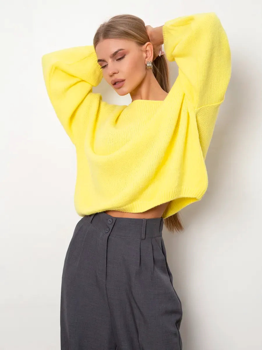 Lemonade Sweater by Lauven, oversized women's knit sweater in bright yellow with a boat neck, perfect for fall and winter.