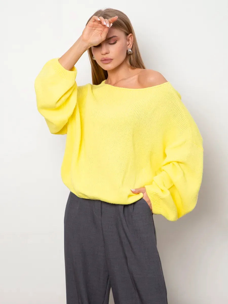Lemonade Sweater by Lauven, oversized women's knit sweater in bright yellow with boat neck design.