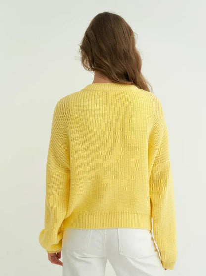 Back view of Lauven Lemonade Sweater, oversized knit in vibrant lemon-yellow, ideal for a stylish look.