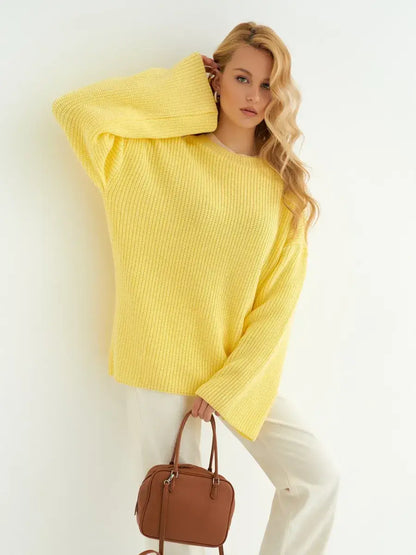 Lemonade Sweater by Lauven, oversized knit in soft lemon yellow, featuring wide sleeves and a relaxed fit.