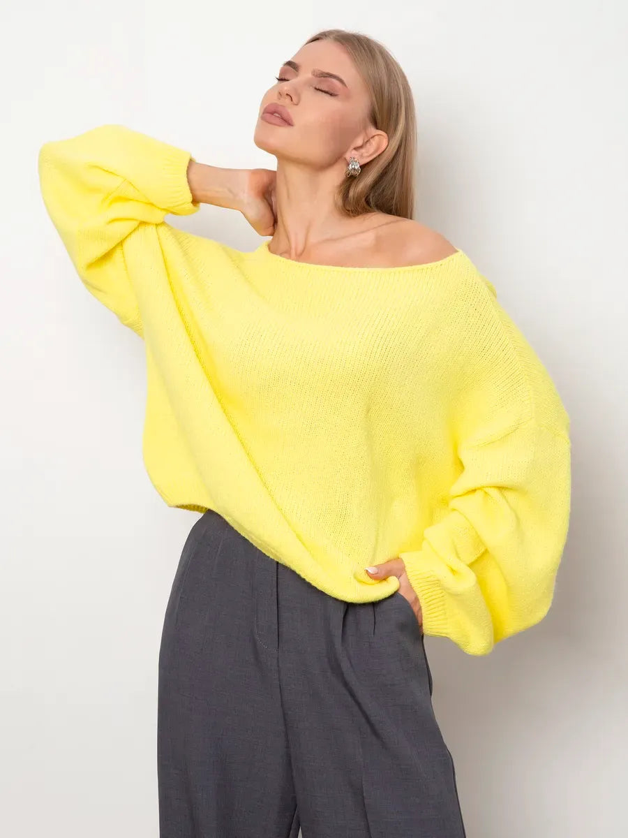 Oversized Lemonade Sweater by Lauven in bright yellow with boat neck, perfect for stylish fall and winter fashion.