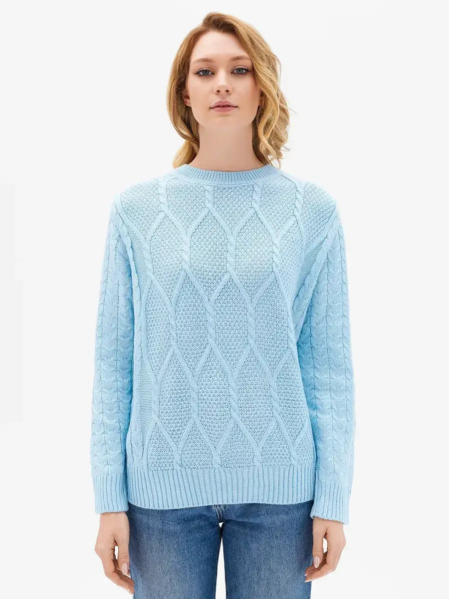 Lyra Sweater by Lauven in light blue cable knit, perfect for modern women seeking elegance and comfort.