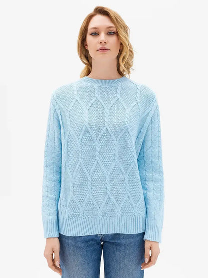 Lyra Sweater by Lauven in light blue cable knit, perfect for modern women seeking elegance and comfort.