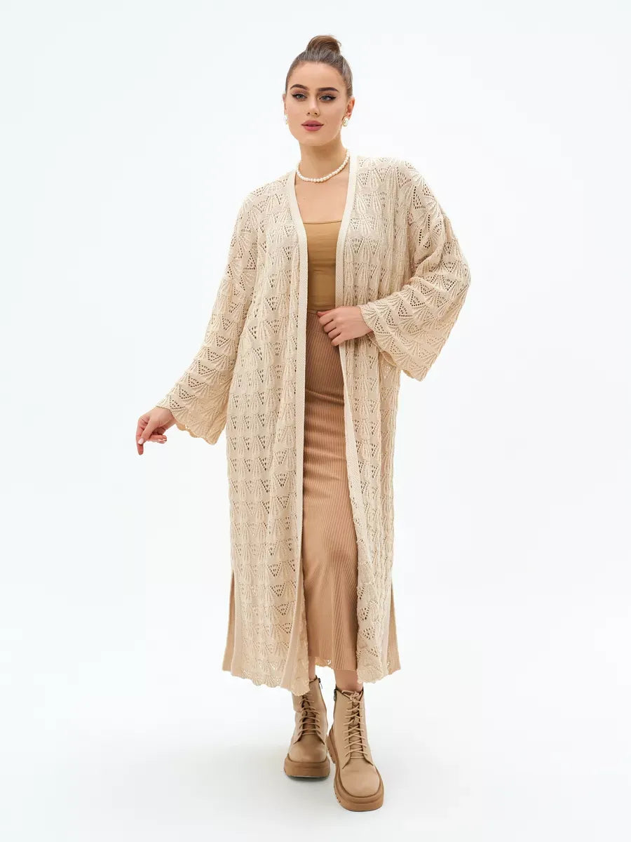 Linen Cardigan by Lauven – Lightweight openwork summer cardigan in light beige, styled for warm-weather layering.