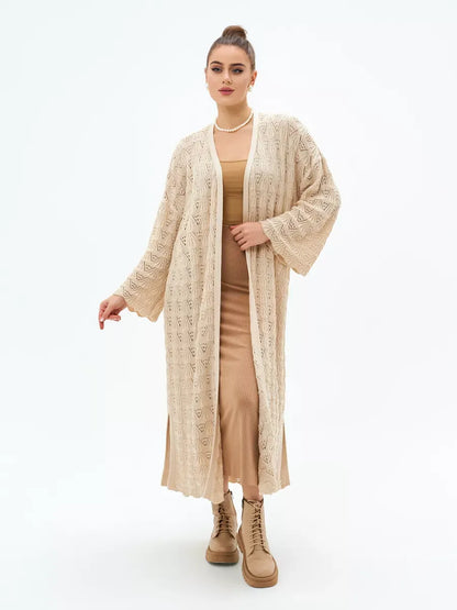Linen Cardigan by Lauven – Lightweight openwork summer cardigan in light beige, styled for warm-weather layering.