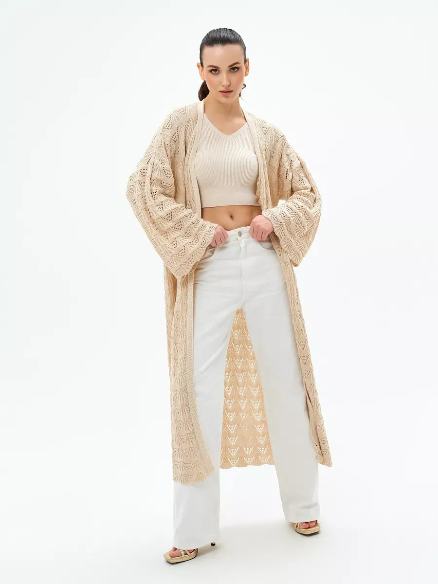 Linen Cardigan by Lauven featuring detailed openwork design, perfect for summer layering with a chic look.