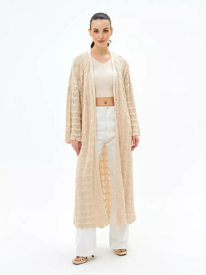 Linen Cardigan by Lauven – Lightweight openwork cardigan featuring intricate lace patterns in light beige.