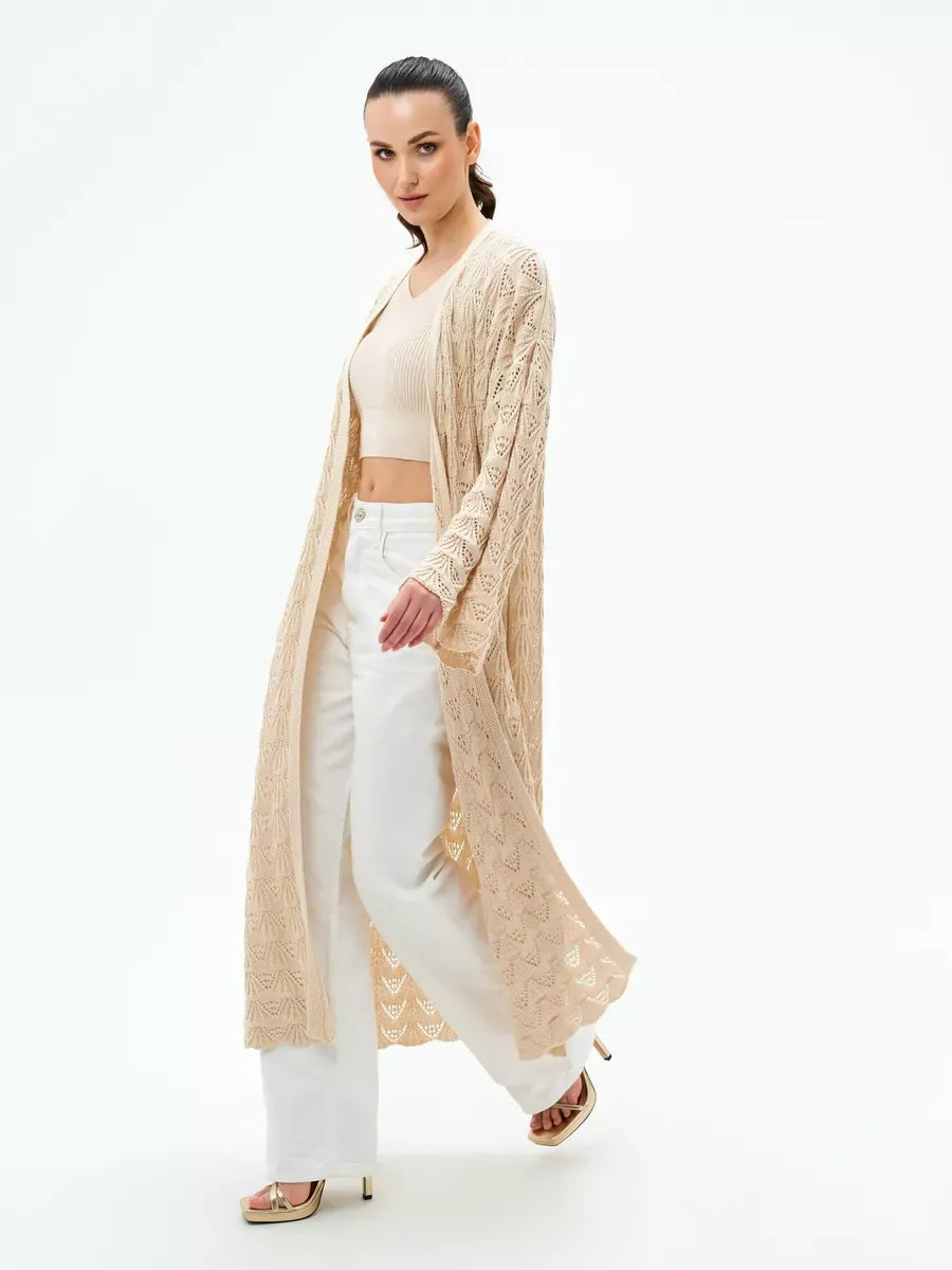 Lauven Linen Cardigan – Lightweight openwork summer cardigan in light beige, perfect for warm-weather layering.