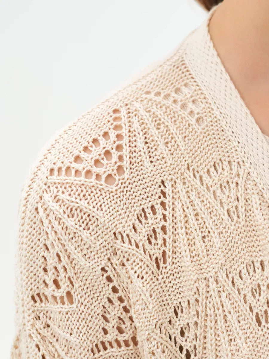 Close-up of Lauven Linen Cardigan showcasing intricate lace patterns in light beige for summer layering.