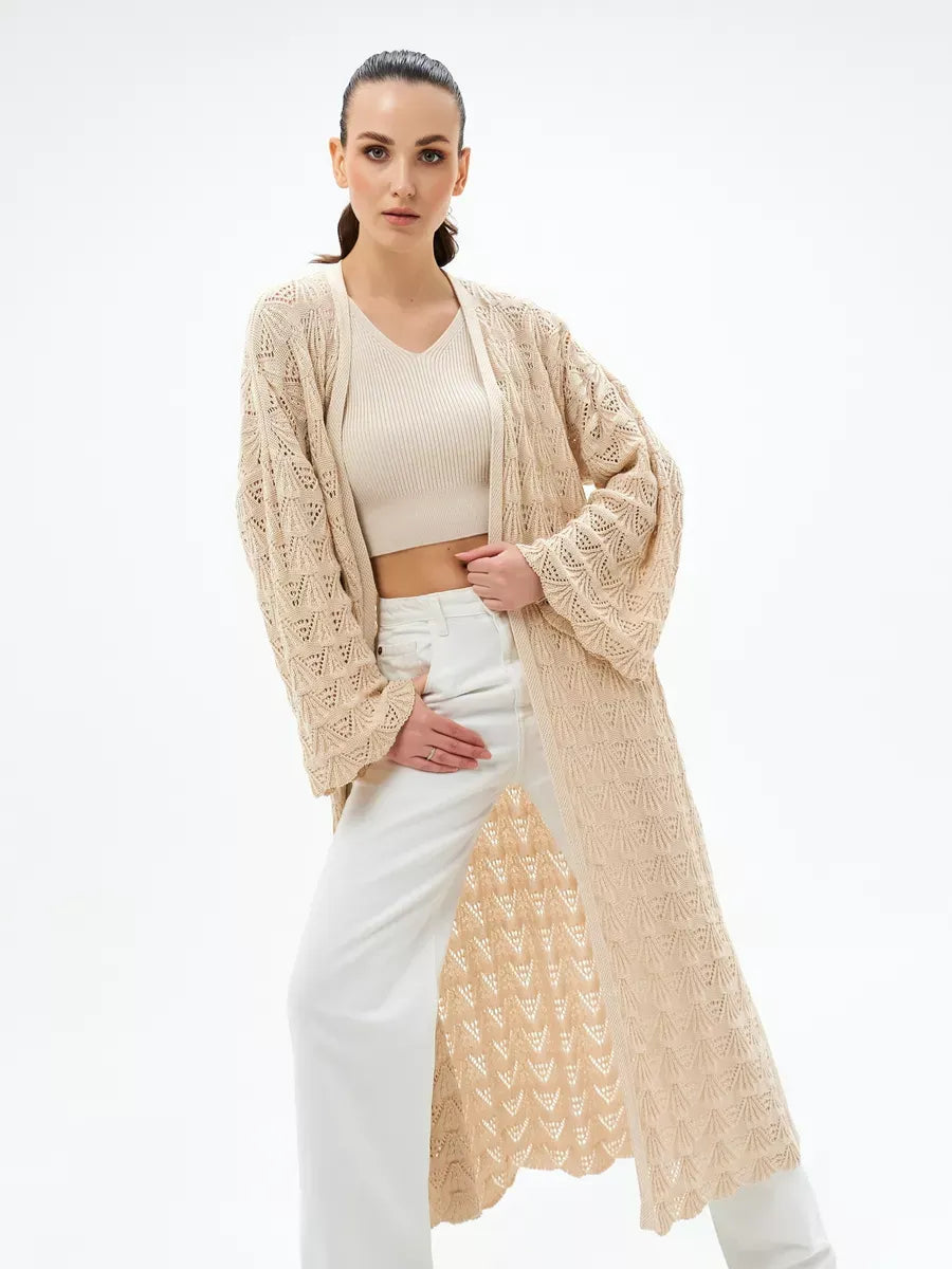 Linen Cardigan by Lauven, lightweight openwork cardigan in light beige, perfect for summer layering.