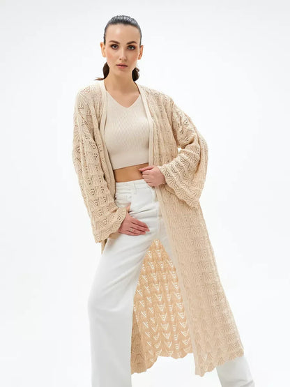 Linen Cardigan by Lauven, lightweight openwork cardigan in light beige, perfect for summer layering.