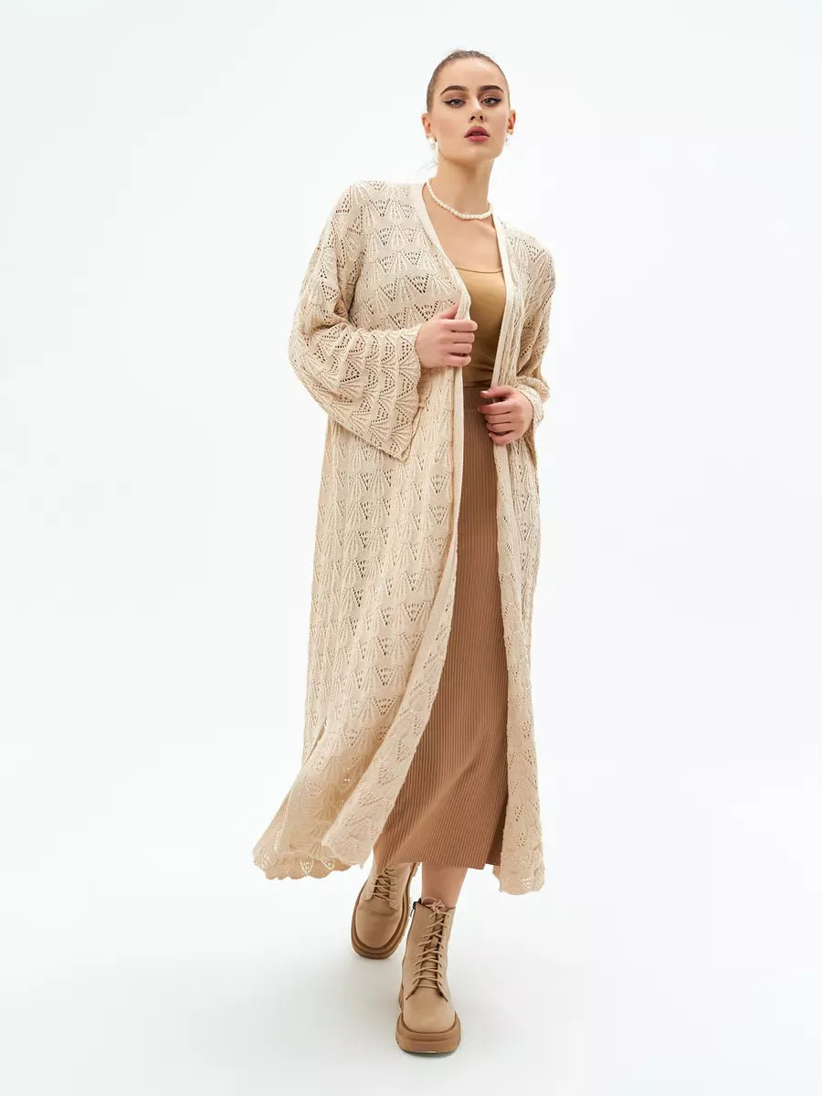 Linen Cardigan by Lauven in light beige, featuring openwork knit patterns, perfect for summer layering.