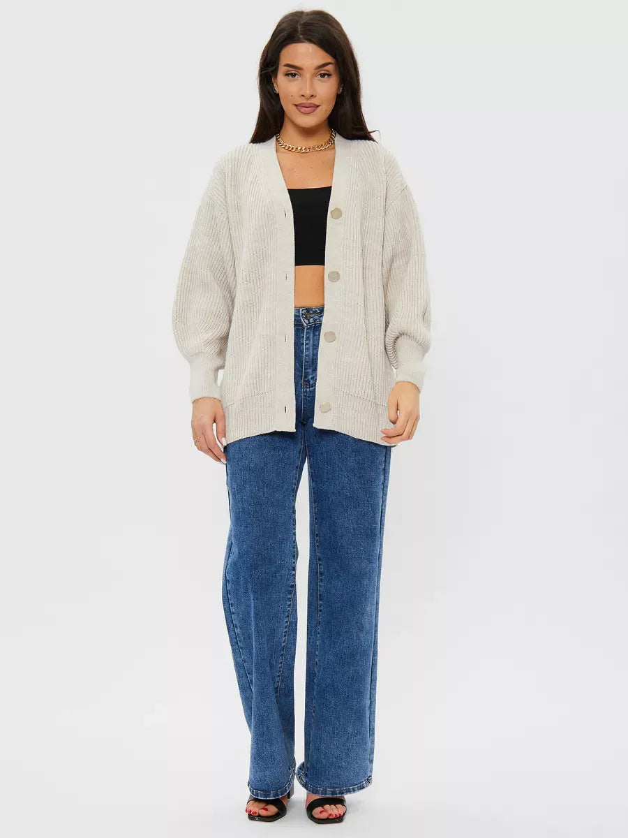 Linen Cardigan by Lauven in light gray, oversized wool blend knitwear styled with wide-leg jeans.