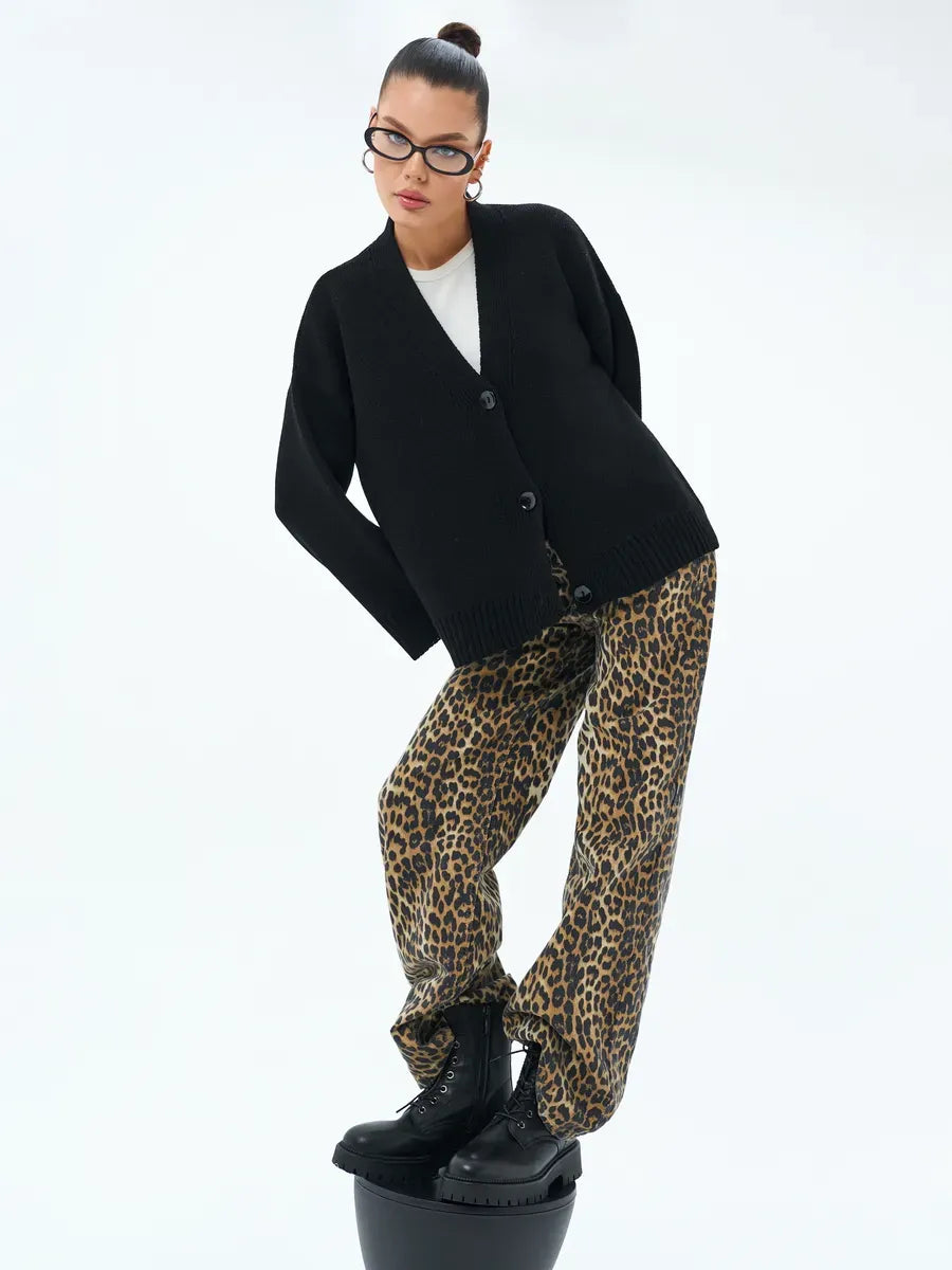 Luna Cardigan by Lauven, cozy oversized knitwear styled with leopard print pants for a chic look.