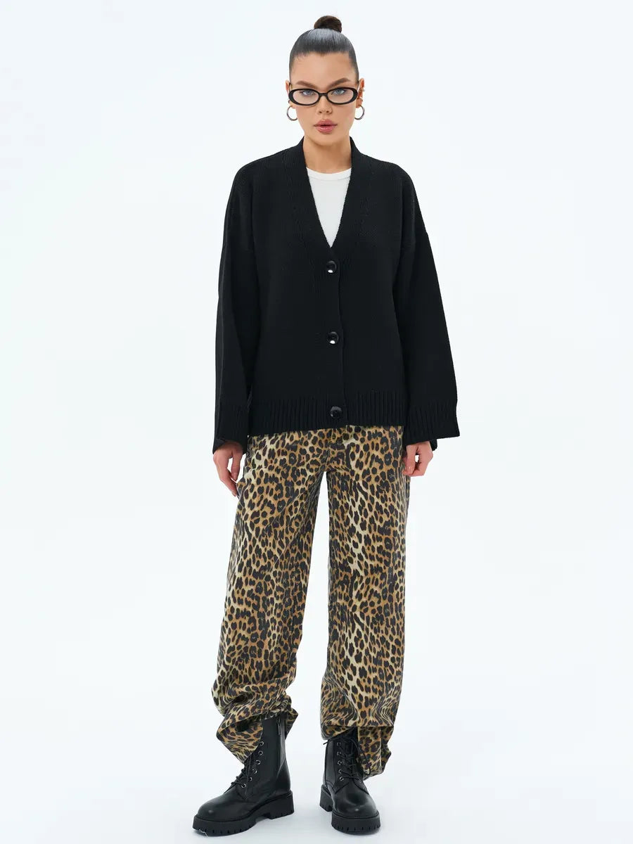 Luna Cardigan by Lauven - Cozy oversized knitwear with button closure, styled with leopard print pants.