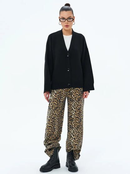Luna Cardigan by Lauven - Cozy oversized knitwear with button closure, styled with leopard print pants.