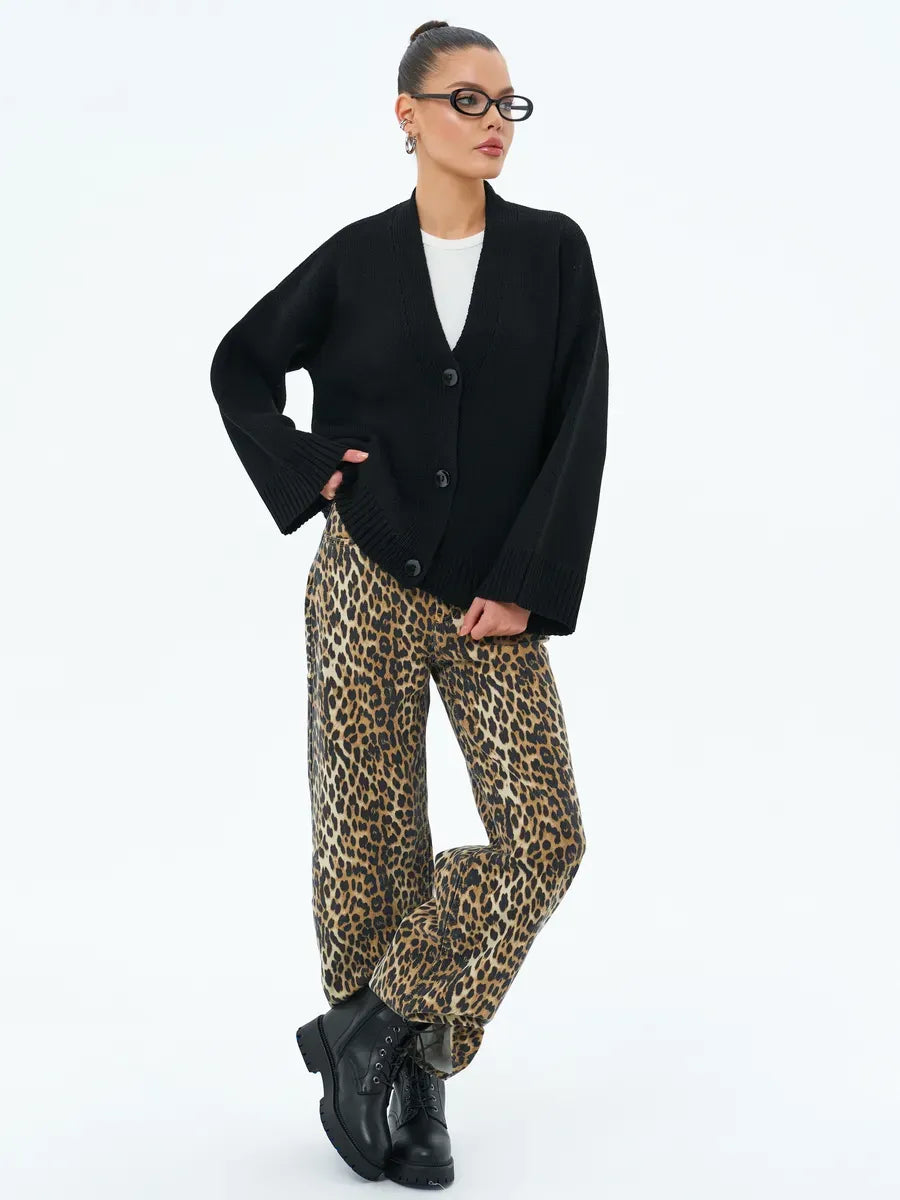 Luna Cardigan by Lauven, featuring a cozy oversized knit design, button closure, styled with leopard print pants.
