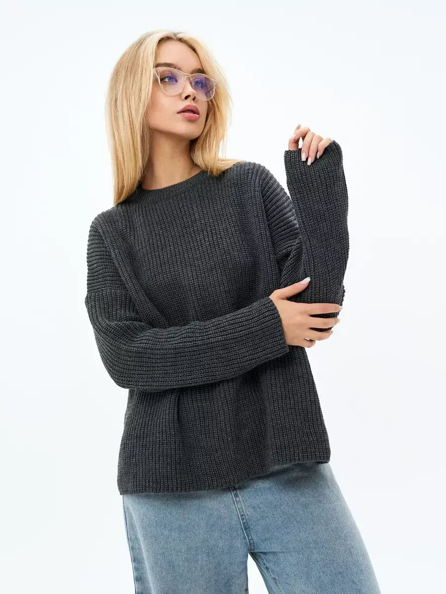 Luna Sweater by Lauven, oversized knit in charcoal gray, showcasing a relaxed silhouette and soft textured knit.