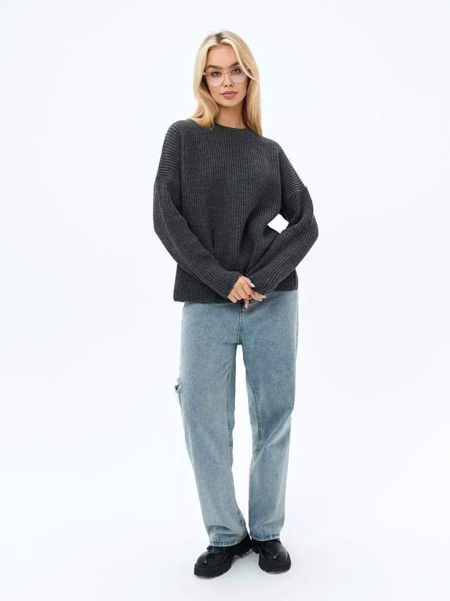 Luna Sweater by Lauven in charcoal gray, featuring an oversized knit design and relaxed silhouette.