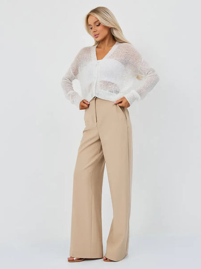 Luxe Cardigan by Lauven: Oversized mohair-blend knitwear styled with chic beige pants.