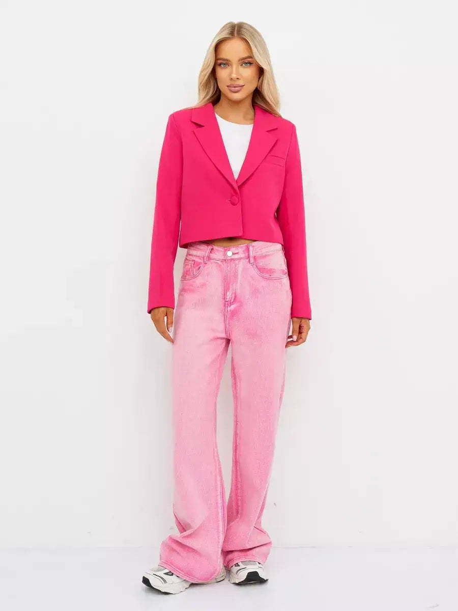 Magenta Blazer by Lauven, vibrant pink cropped blazer styled with light pink wide-leg jeans.