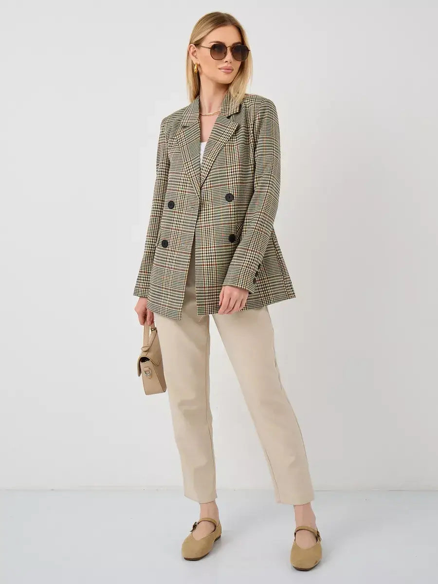 Maple Blazer by Lauven, oversized brown checked women's blazer paired with beige pants and stylish accessories.