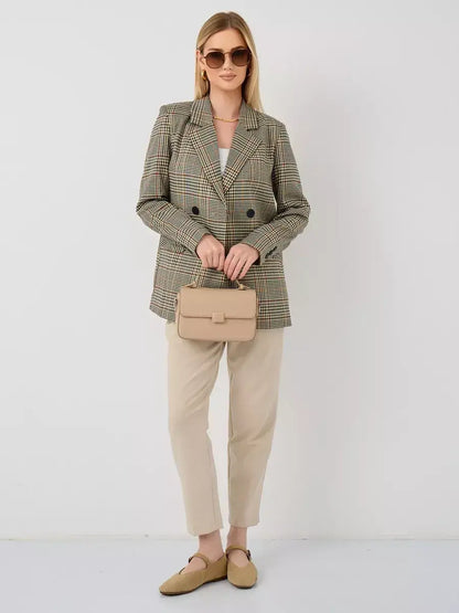 Maple Blazer by Lauven - Elegant oversized brown checked women's blazer for stylish office or casual wear.