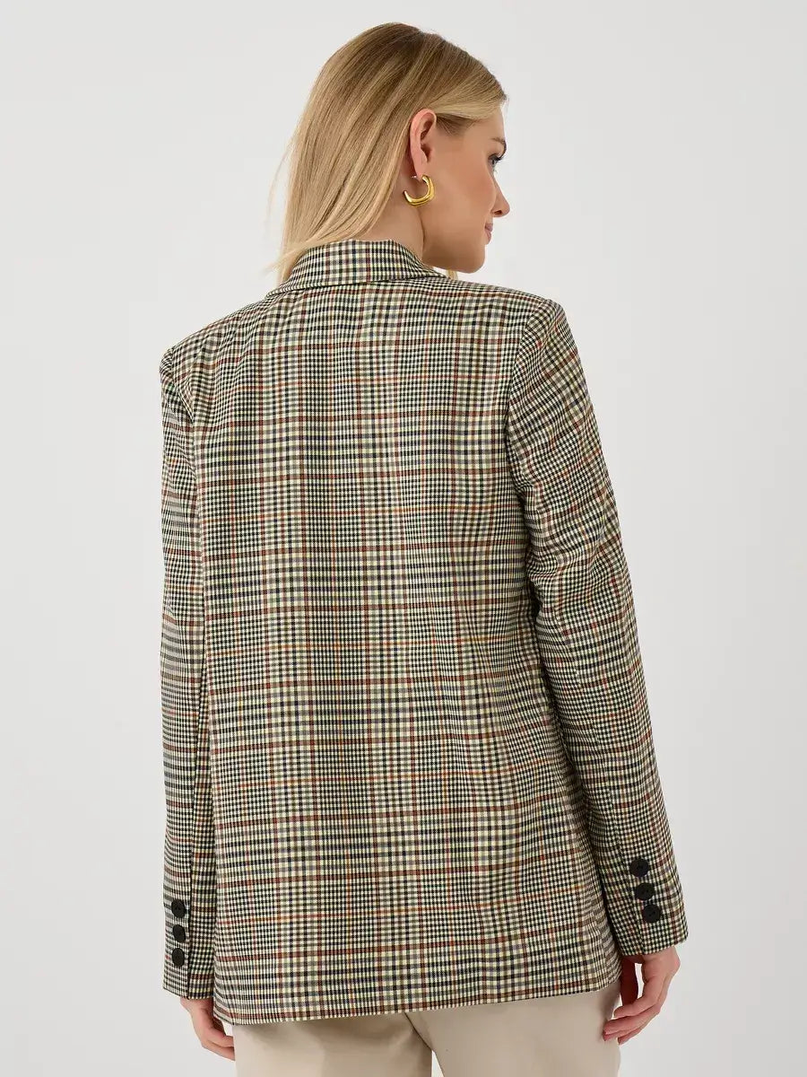 Maple Blazer by Lauven, showcasing an elegant oversized brown checked design from the back.
