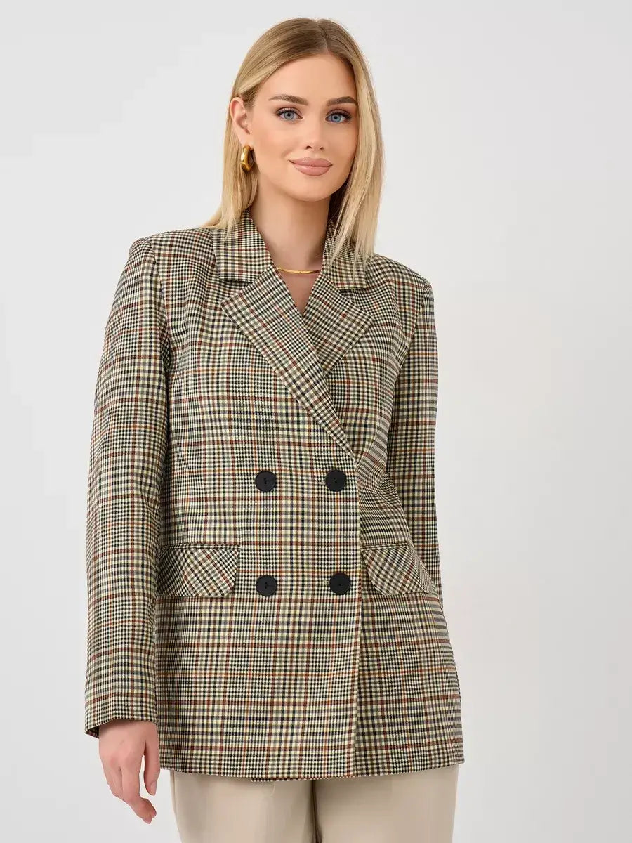 Maple Blazer by Lauven, elegant oversized brown checked women's blazer featuring a structured fit and V-neckline.