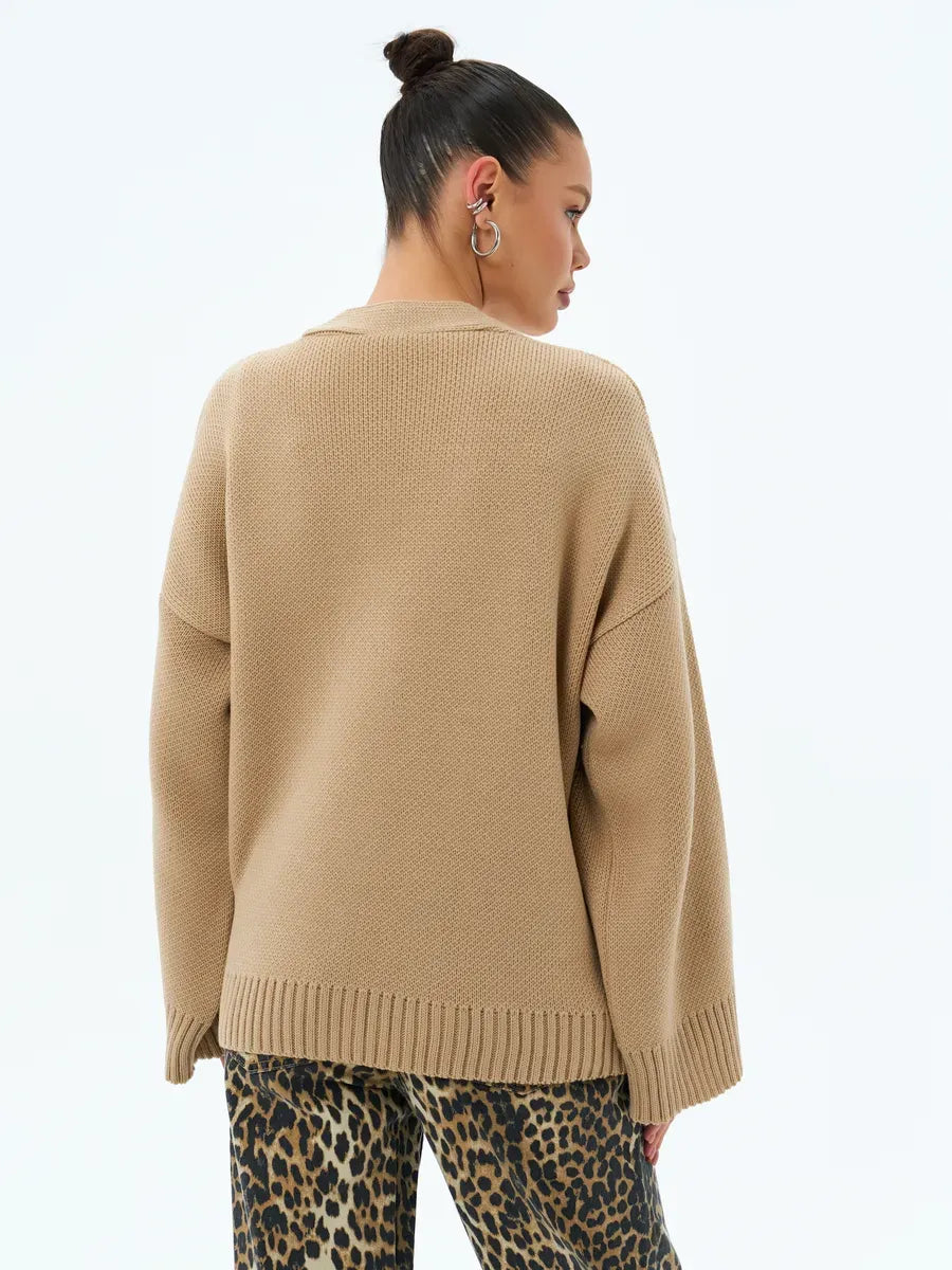 Maple Cardigan by Lauven, warm oversized knitwear in neutral beige, perfect for cozy fall layering.