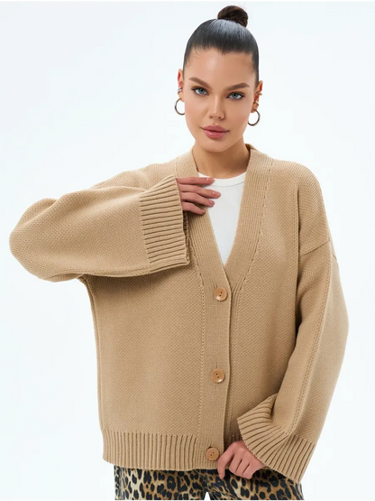 Maple Cardigan by Lauven - Warm oversized knitwear with button closure in neutral beige tone.